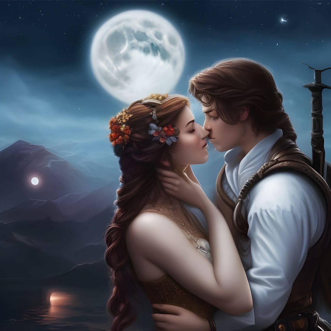 Rogue and Princess Kiss Under Moonlight: Digital Art