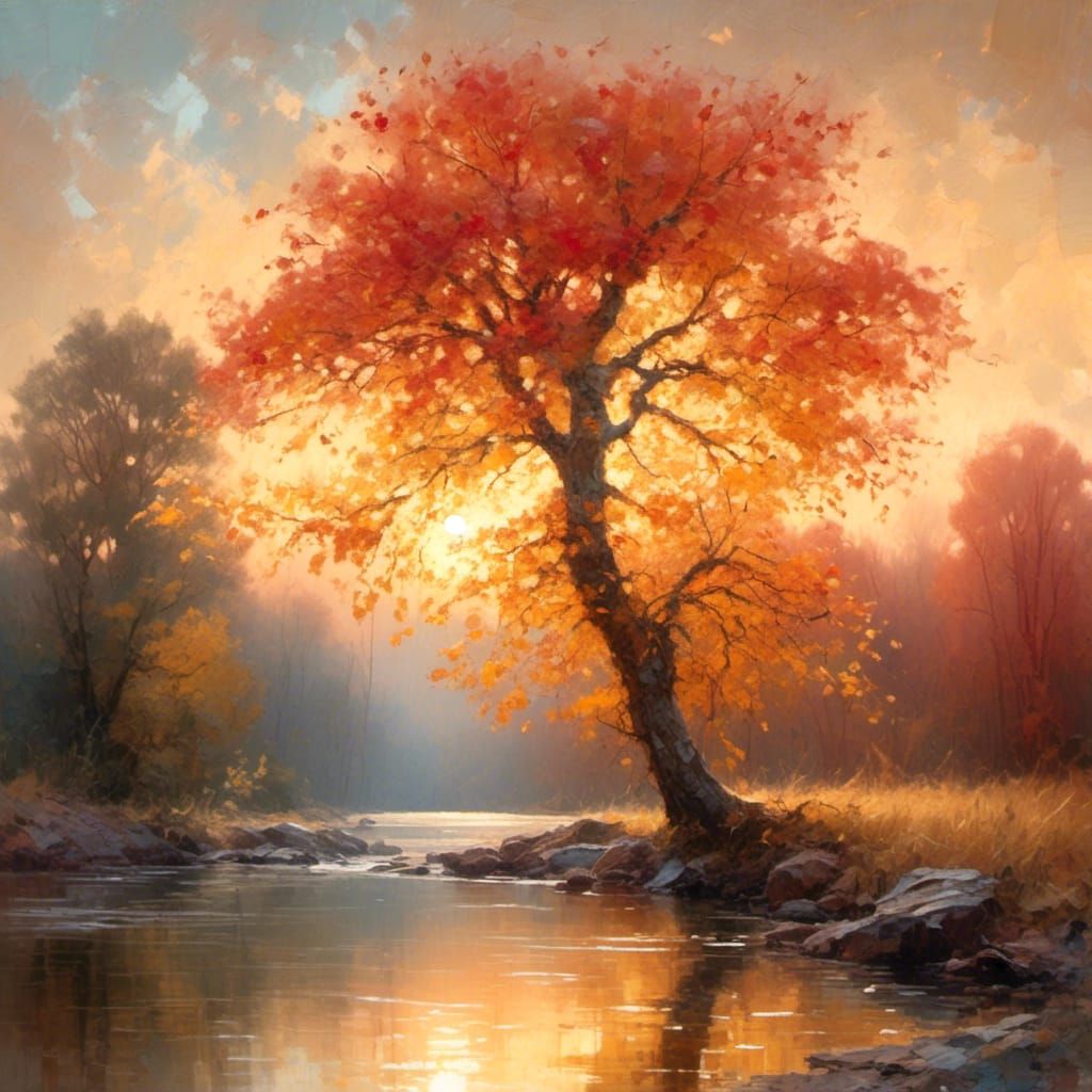 Autumn Tree at Sunset in Oil Painting Style