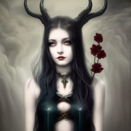 Ethereal Gothic Aries Young lady with Long black hair with Red highlights& Green eyes& Red &black eyeshadow & Black lips...