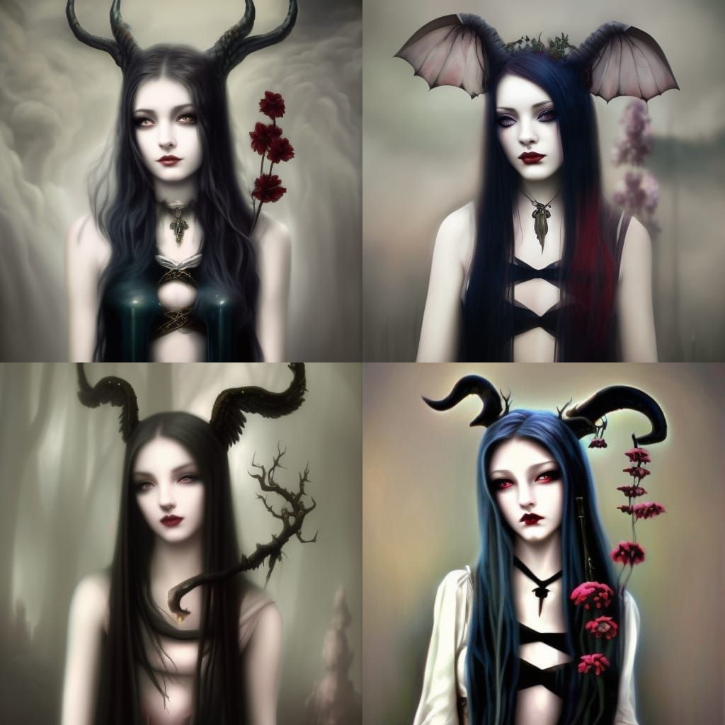 Ethereal Gothic Aries Young lady with Long black hair with Red highlights& Green eyes& Red &black eyeshadow & Black lips...