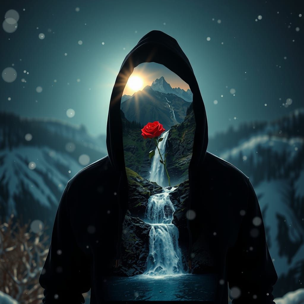 red rose, Hyperealistic image of a shadowy figure wearing a ...
