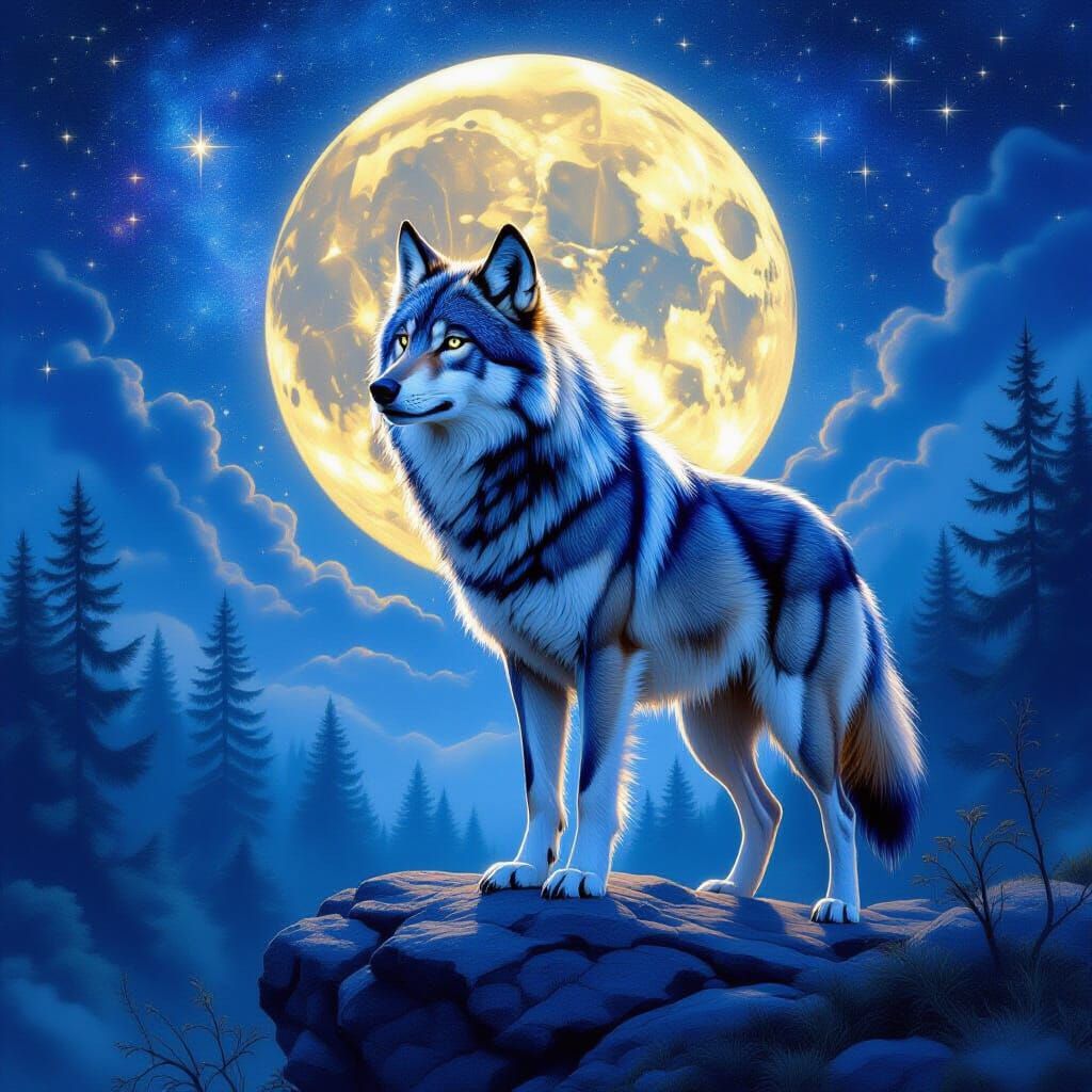 Majestic Cosmic Wolf on Rocky Outcrop