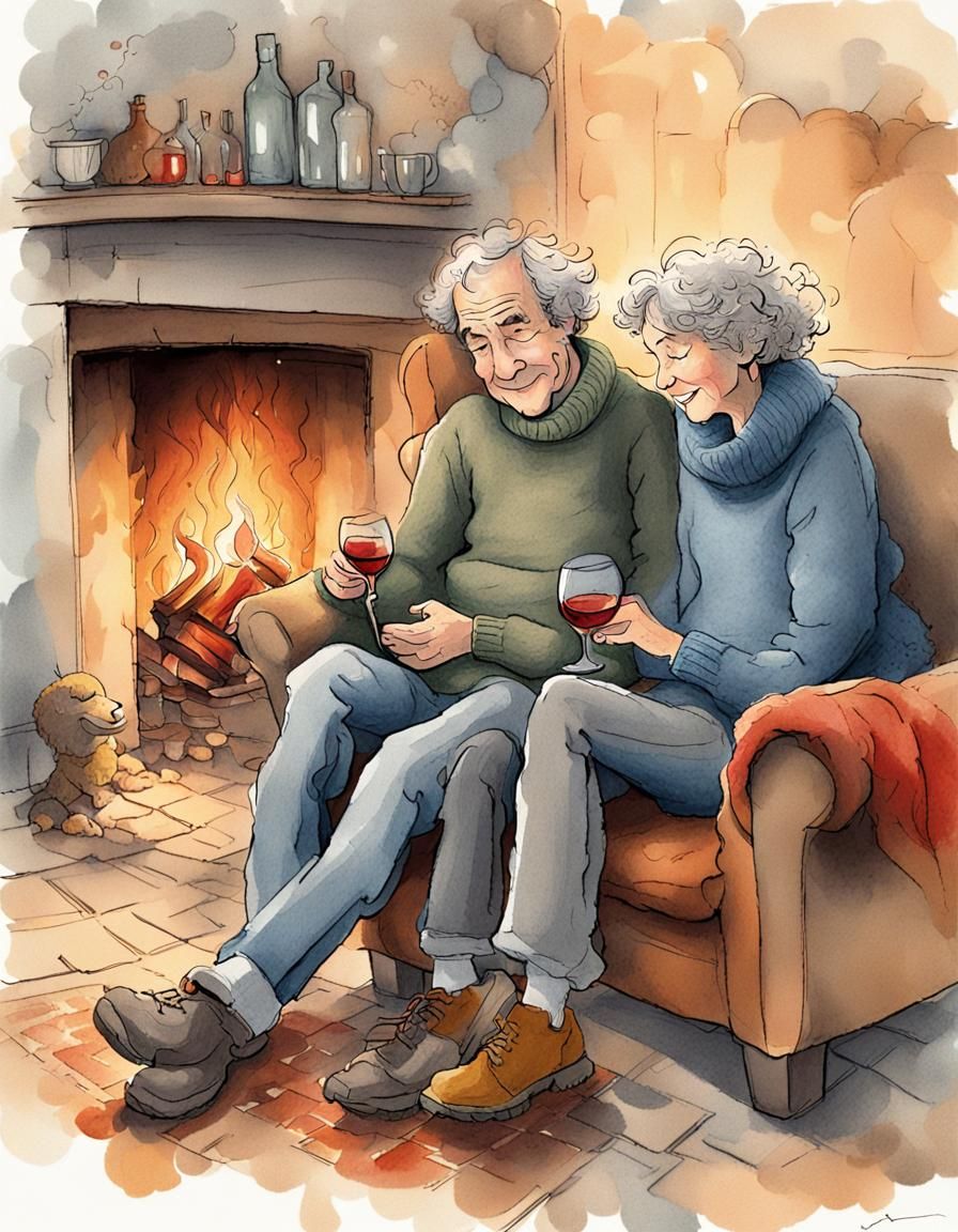Cozy Couple by Fire in Quentin Blake Style