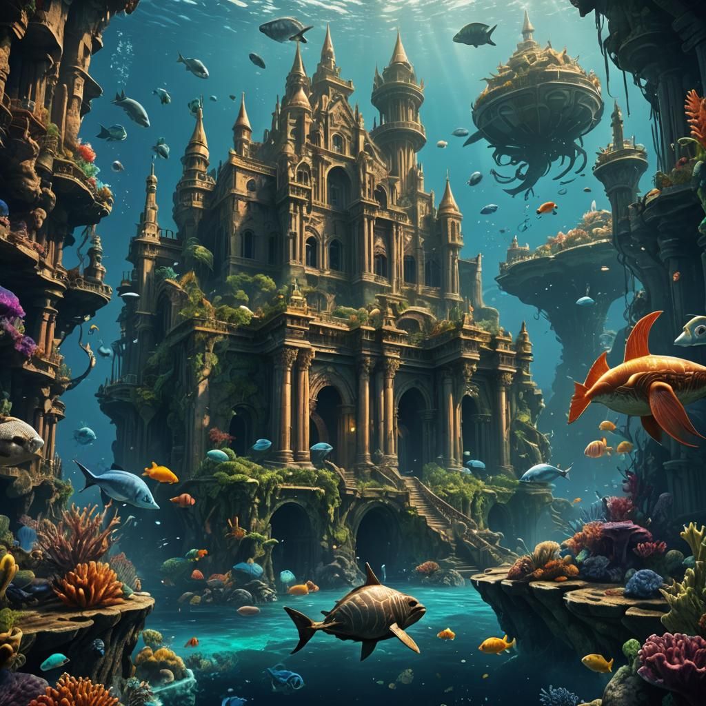 Atlantis Underwater City Inhabited by Sea Creatures