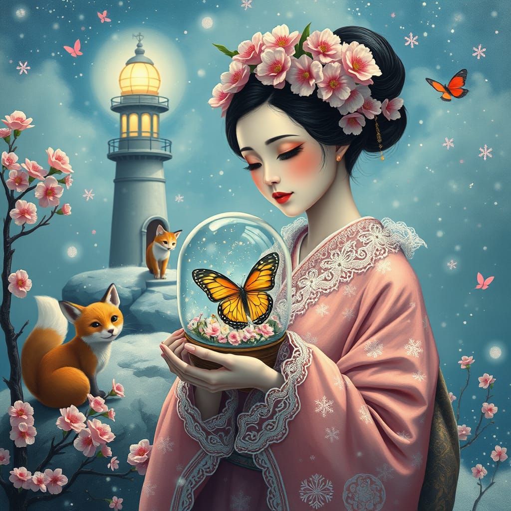 Whimsical Geisha in Cherry Blossom Wonderland