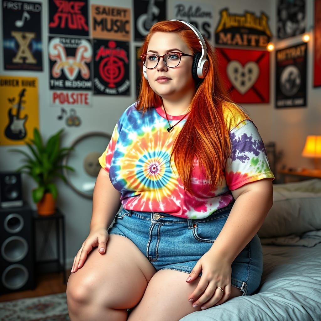 Chubby Plus-Sized Woman in a Colorful Bedroom