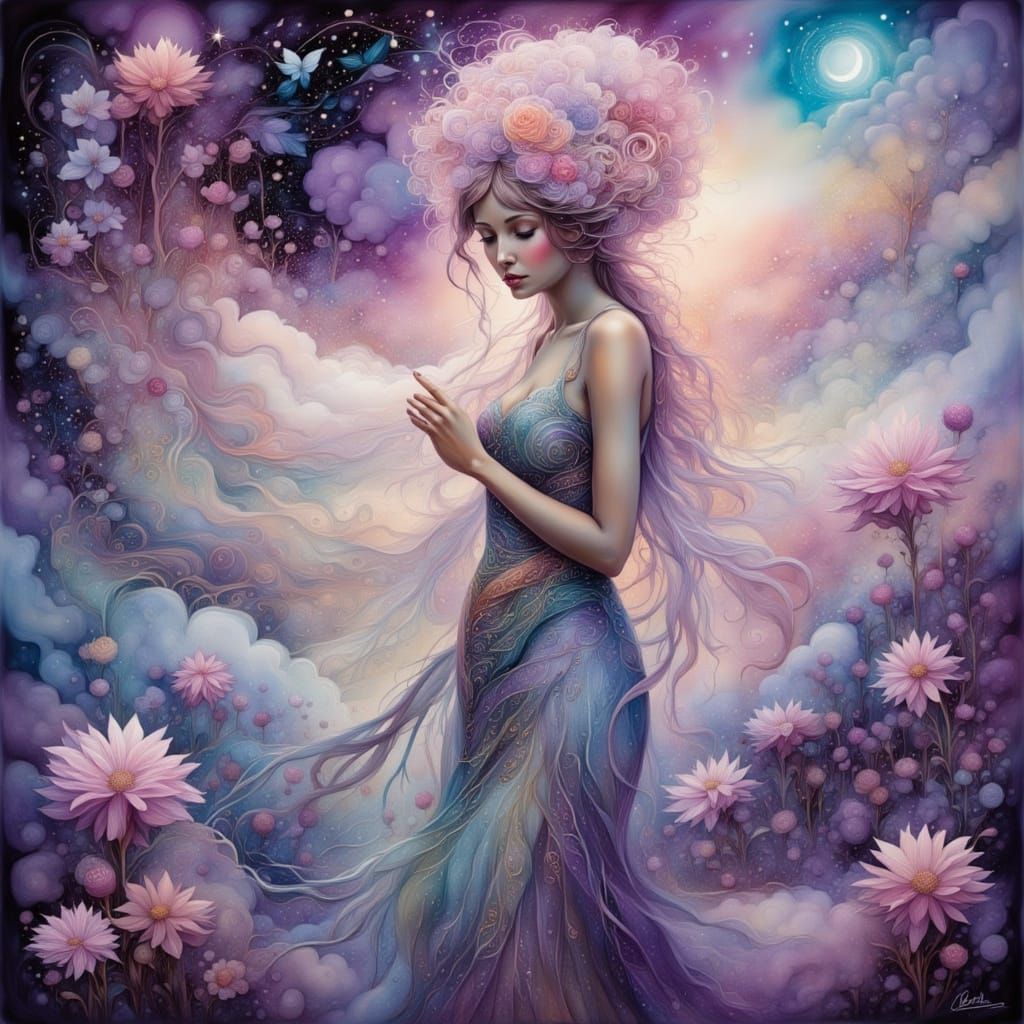 Ethereal Elf with Futuristic Hairstyle in Dreamy Landscape