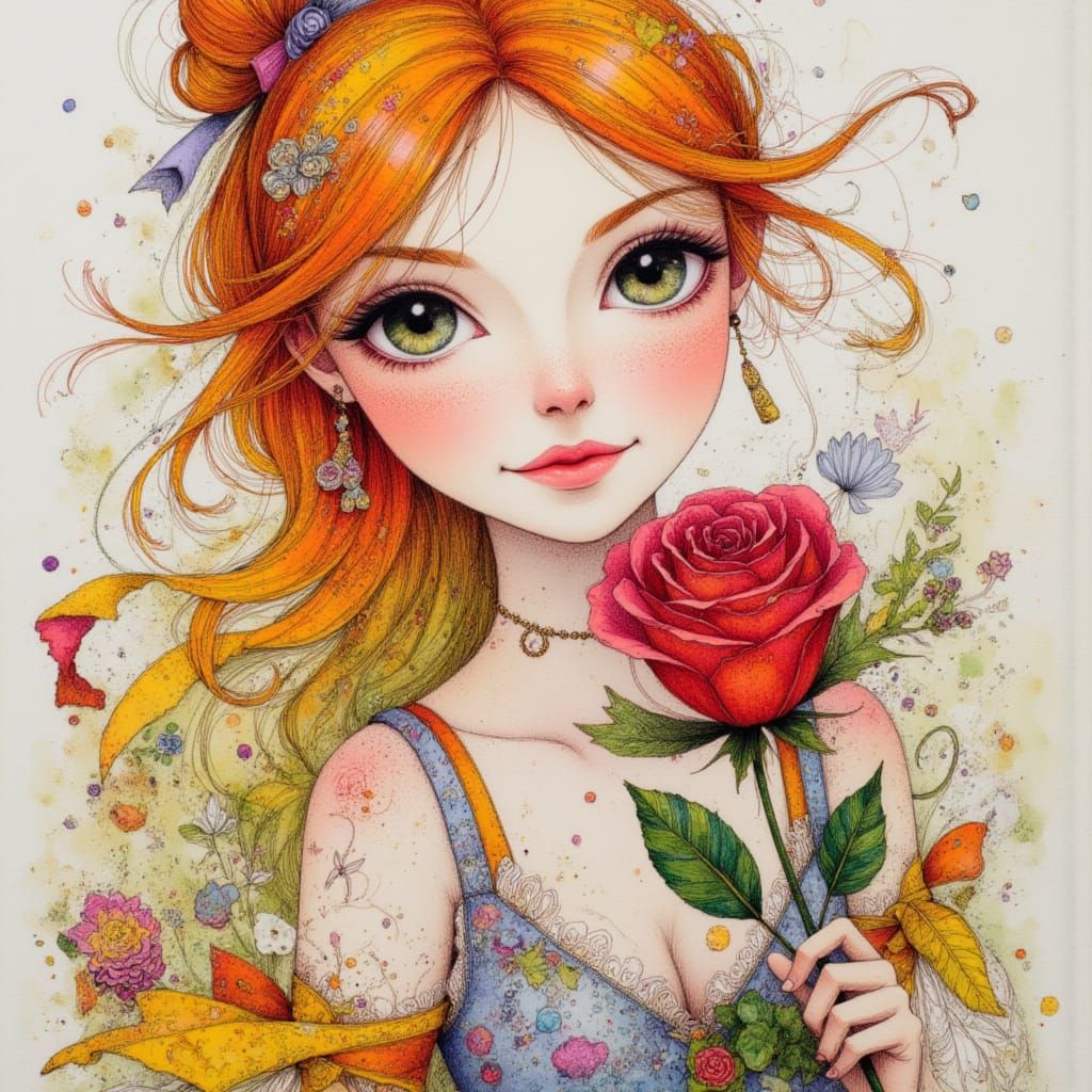 Intricate Belle Holding a Rose in Neurographic Ink Style