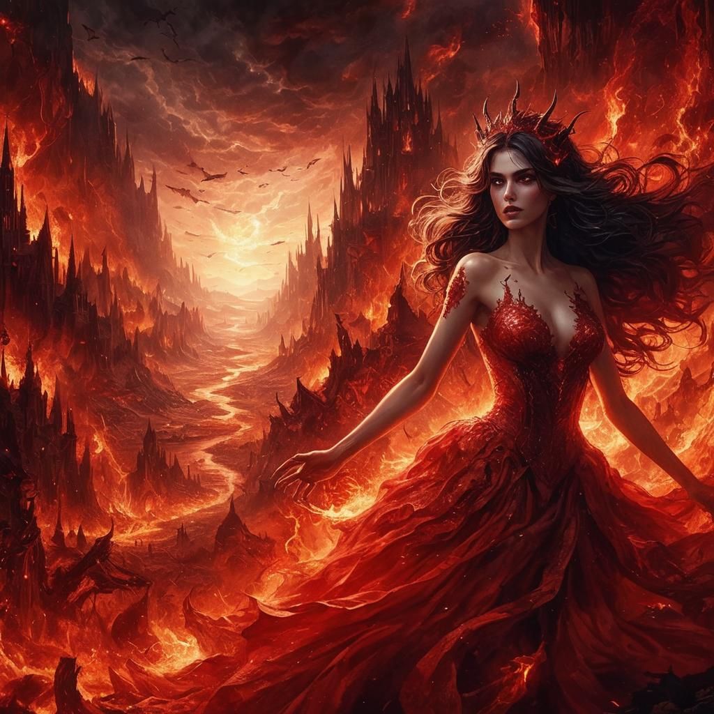 Fiery Vampire Queen in Hellscape Fantasy Artwork