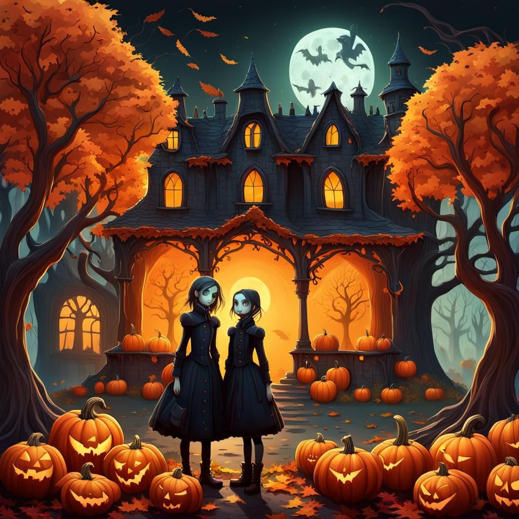 Eerie Gothic Scene with Children and Pumpkins