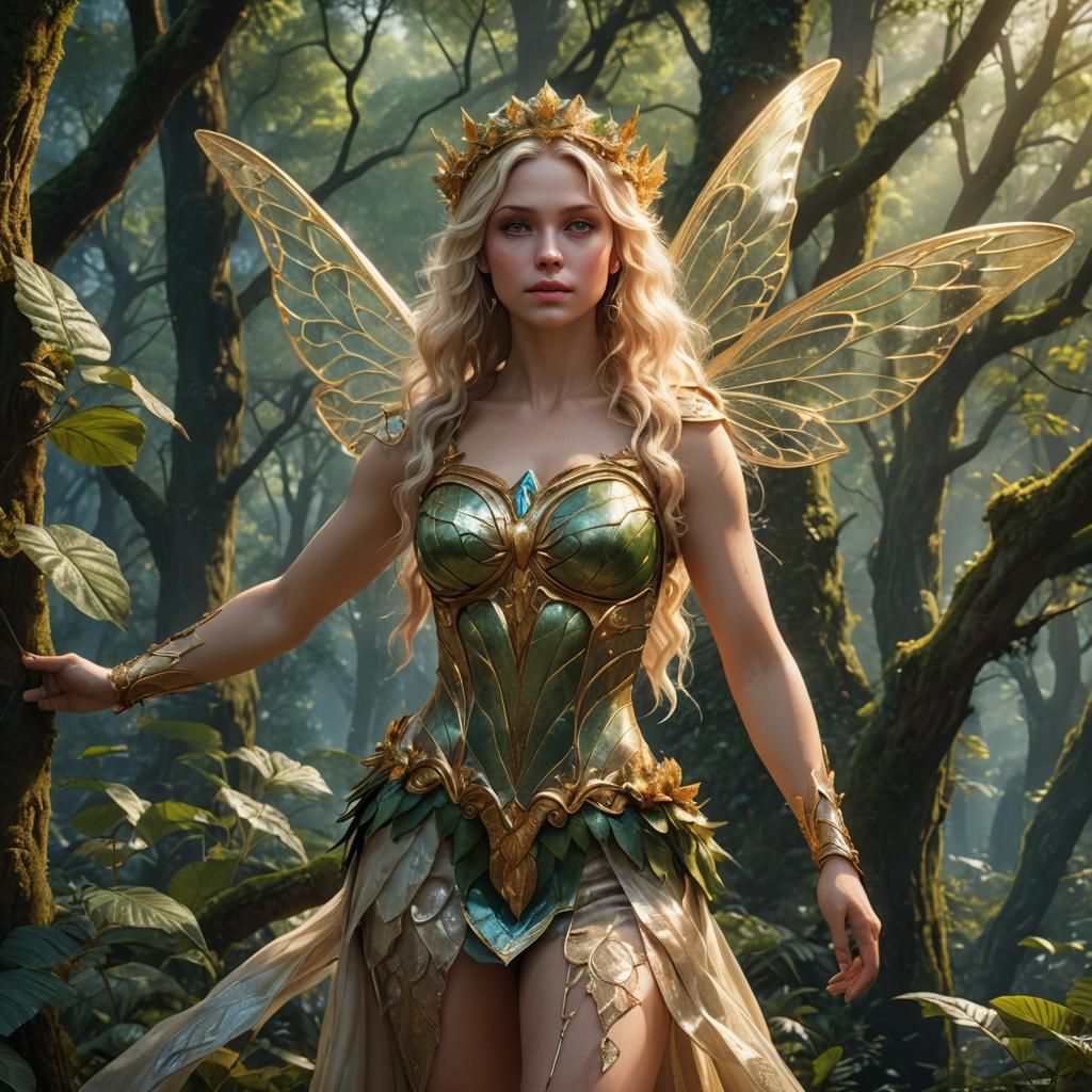 Blonde Fairy Goddess in Detailed Forest Landscape