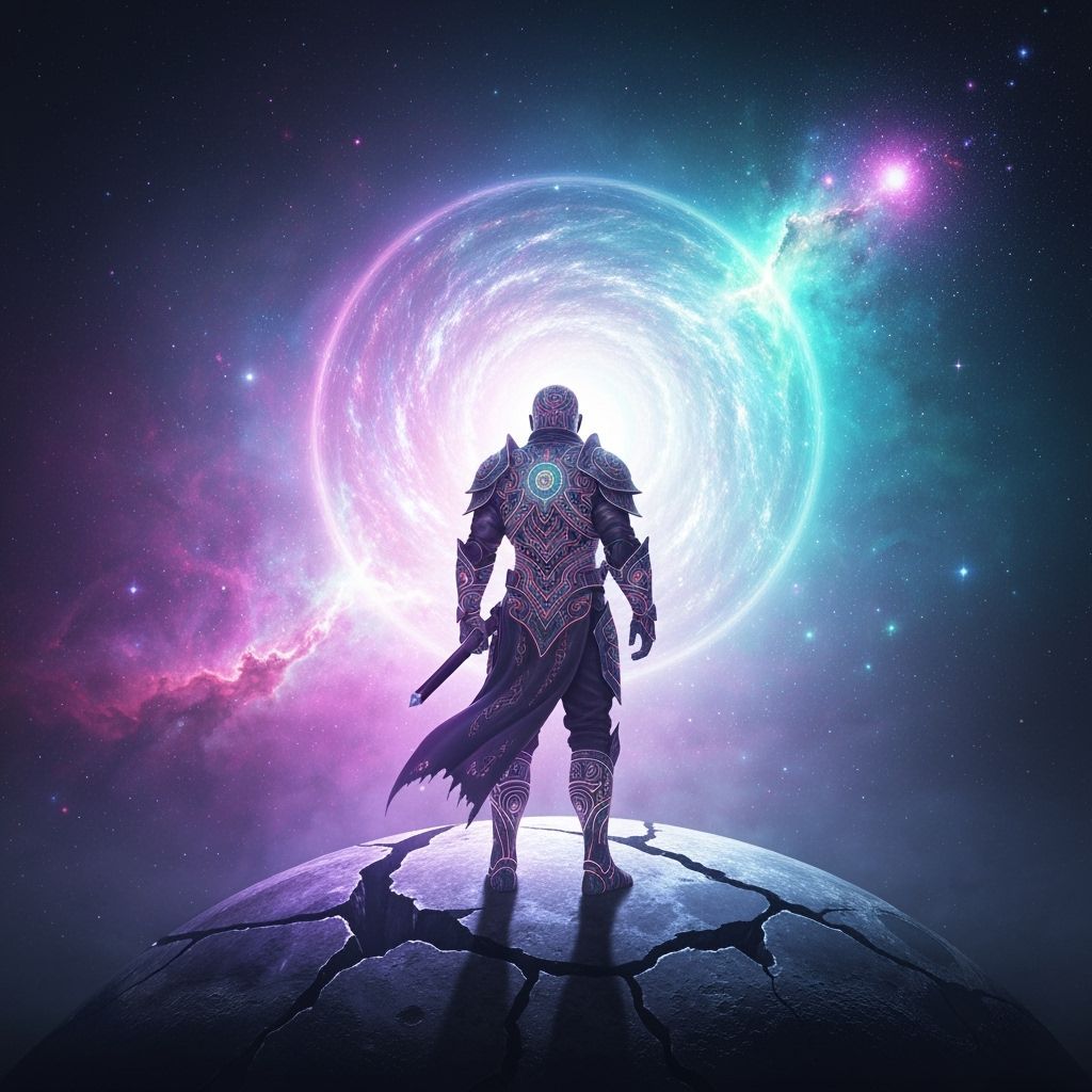 Warrior Gazes at Nebula on Fractured Moon