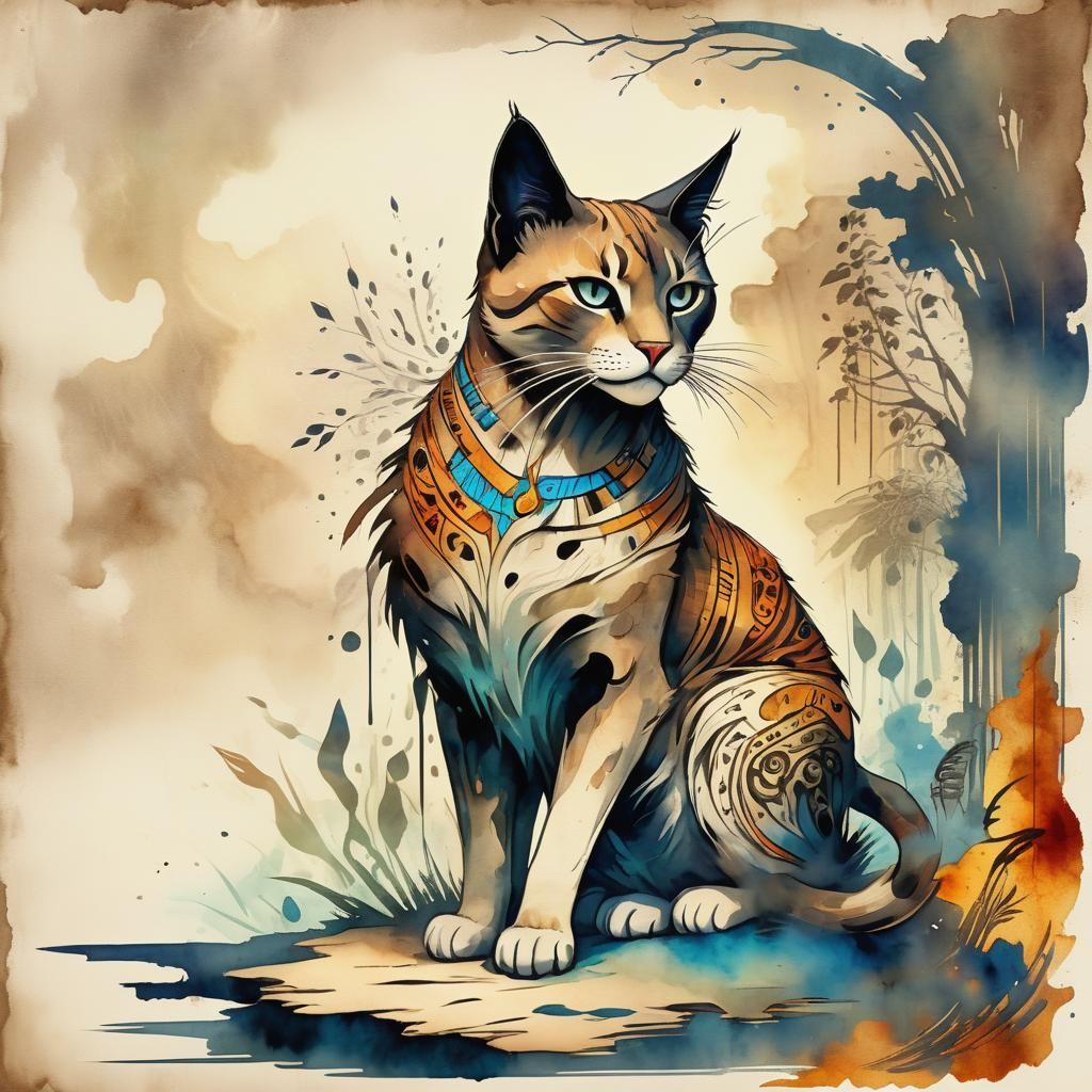 Mythical Cat Illustration on Vintage Papyrus