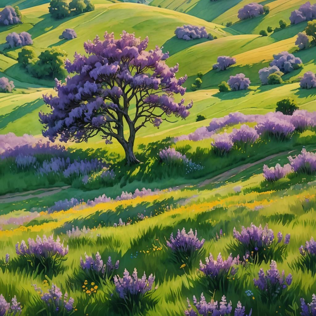 Dreamlike Wisteria Tree in Watercolor Meadow