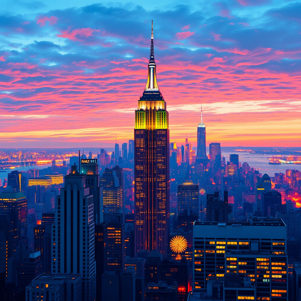 New York City Skyline Acrylic Painting at Night