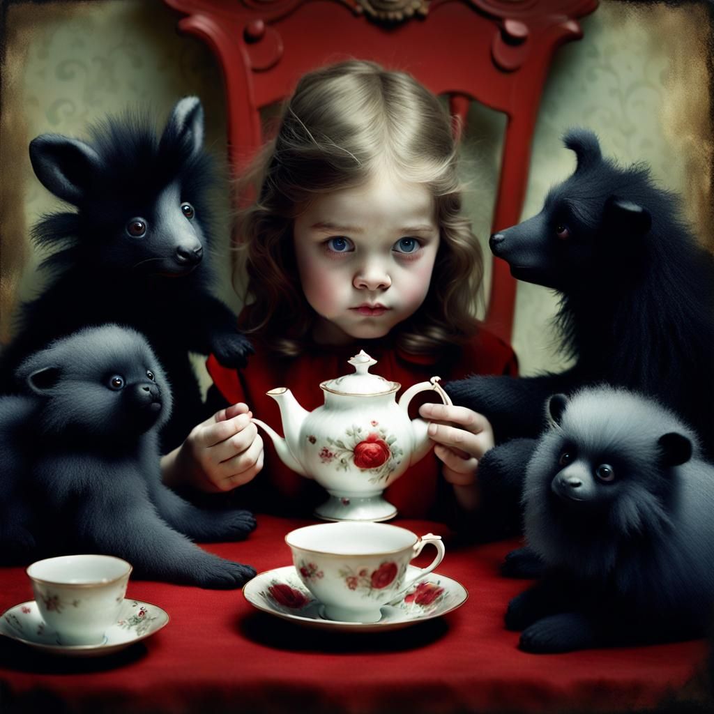 Eerie Tea Party with Fluffy Black Animals