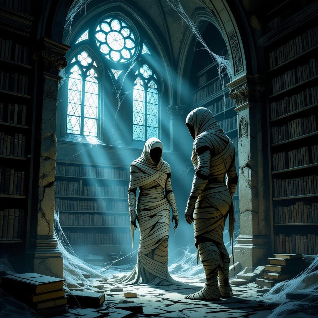 Mummy in Gothic Library Entrance, Moonlight & Mystery