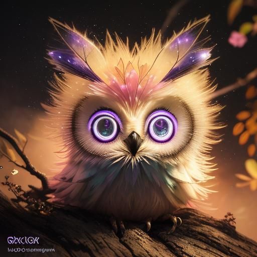 Chibi Owl with Sakura Flowers in Surreal Neon