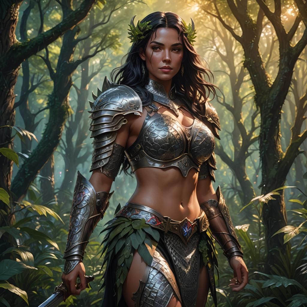 Mystical Forest Warrior Woman in High Fantasy Style