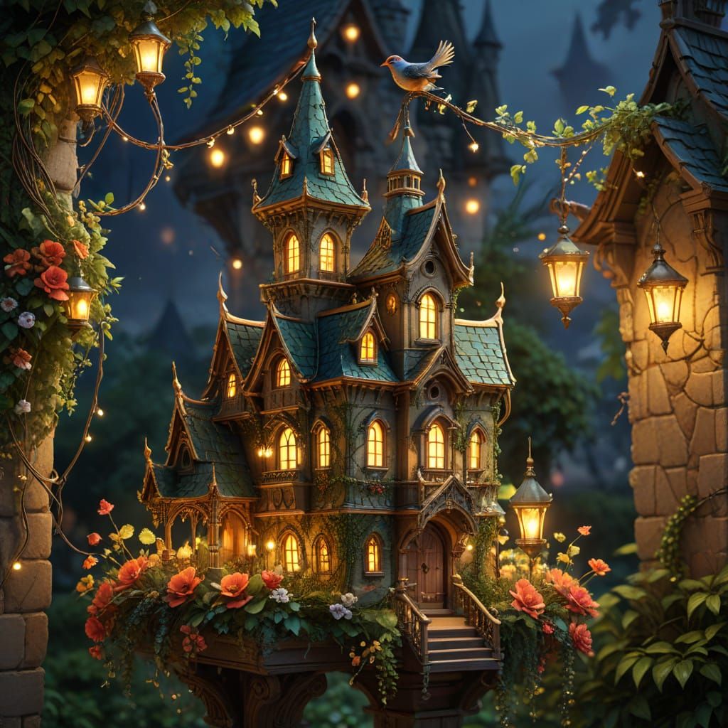 Elegant Castle Birdhouse with Lights, Digital Artwork