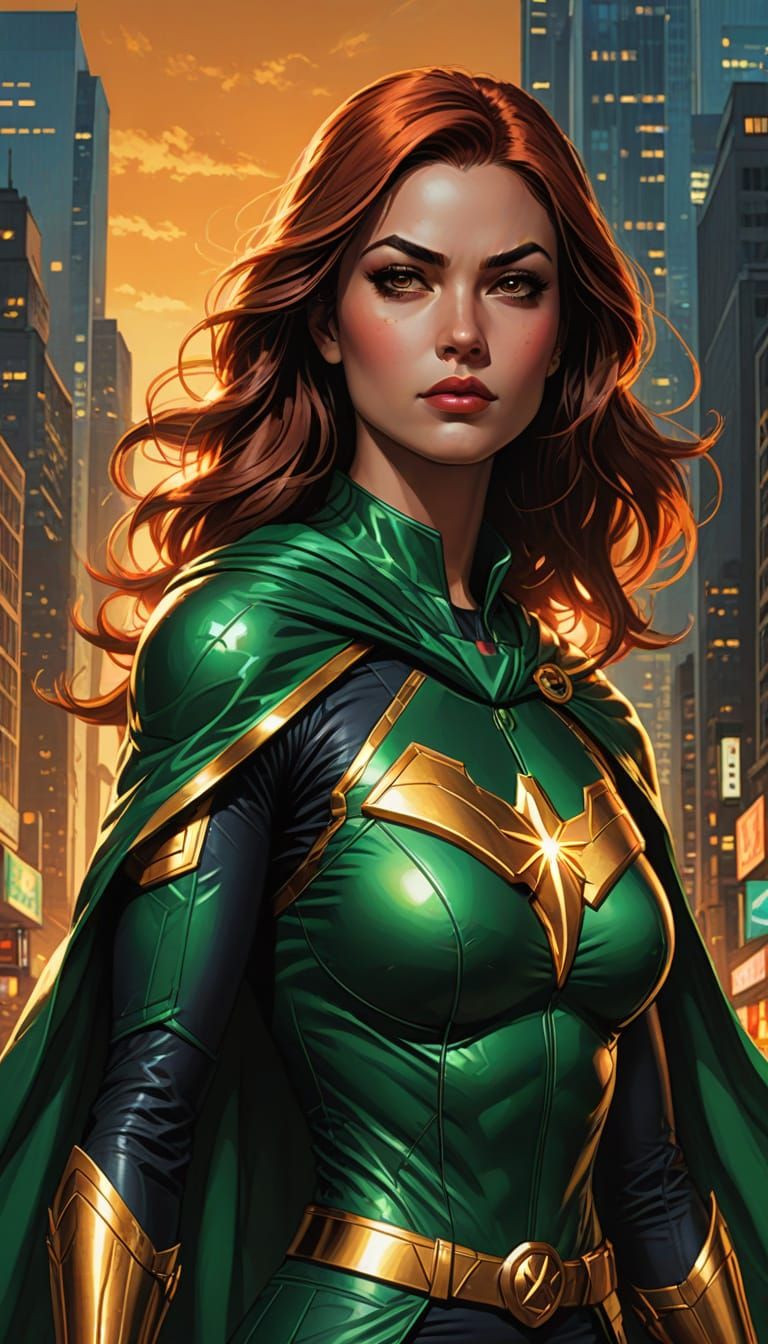 Emerald Heroine Empowers Cityscape