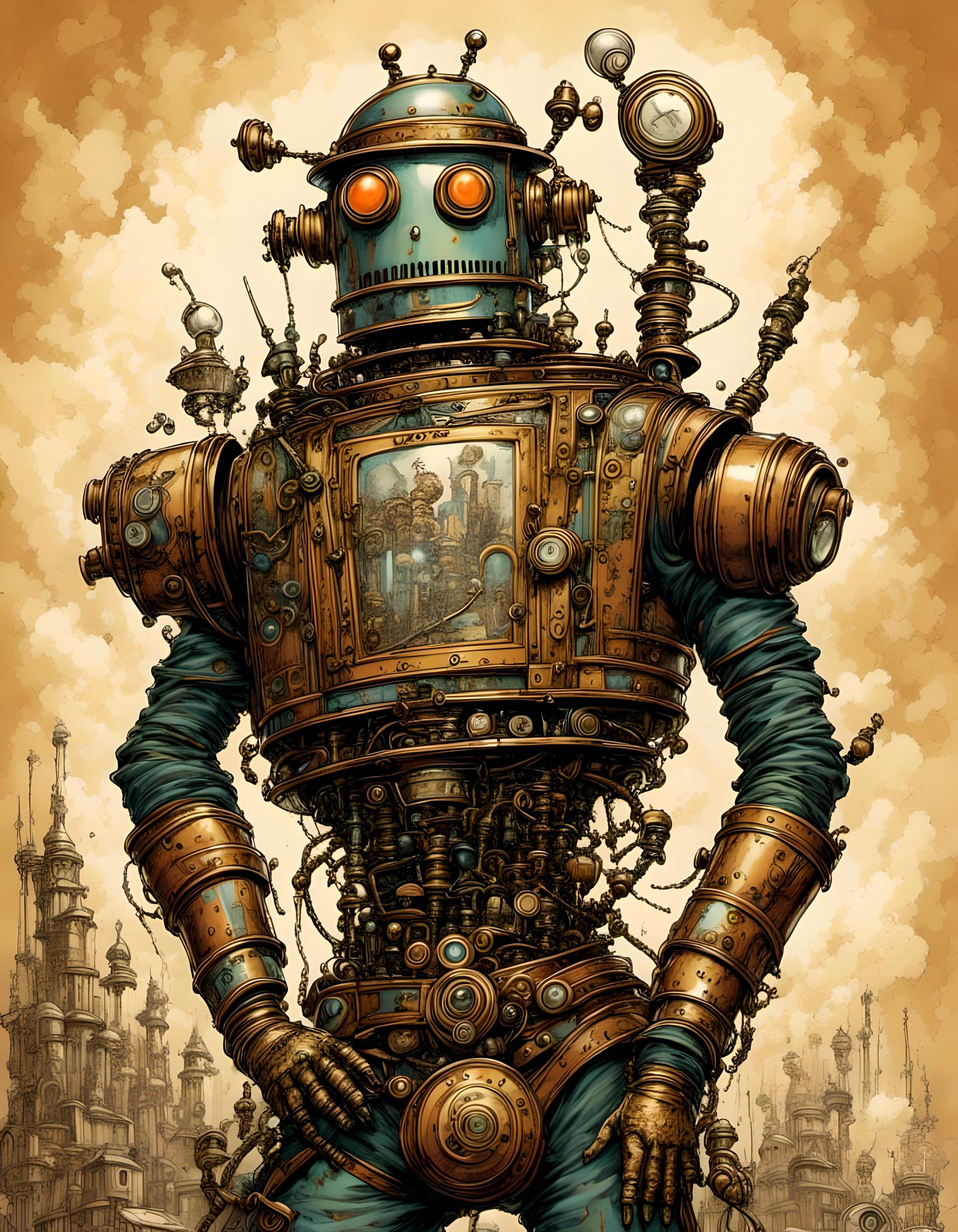 Steampunk Tin Man Robot with Thunderblus Weapon
