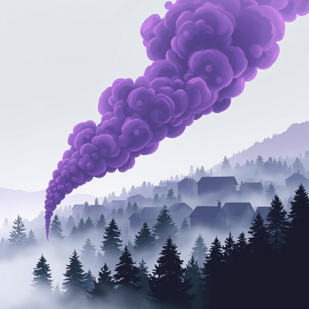 Stylized Village Silhouette in Purple Smoke, Comic Book Art
