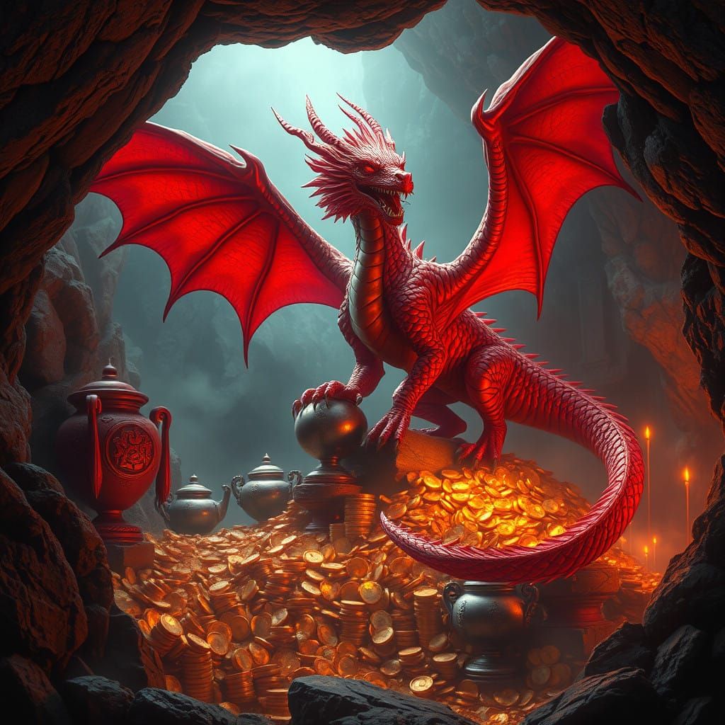 Regal Red Dragon in Mystic Cave Dwelling with Golden Hoard