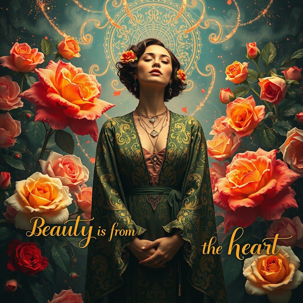 Woman in Rose Garden Radiates Inner Peace in Golden Era Aest...