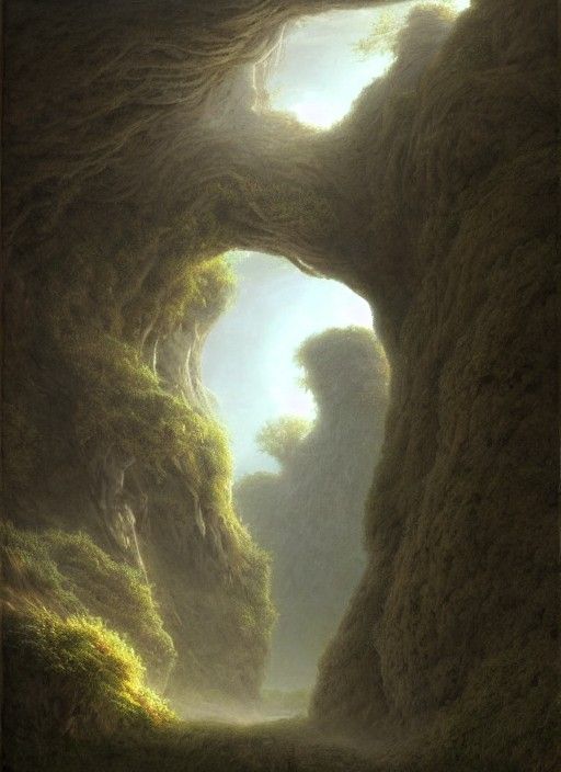 Monumental Stone Face with Robotic Roots in Pre-Raphaelite S...