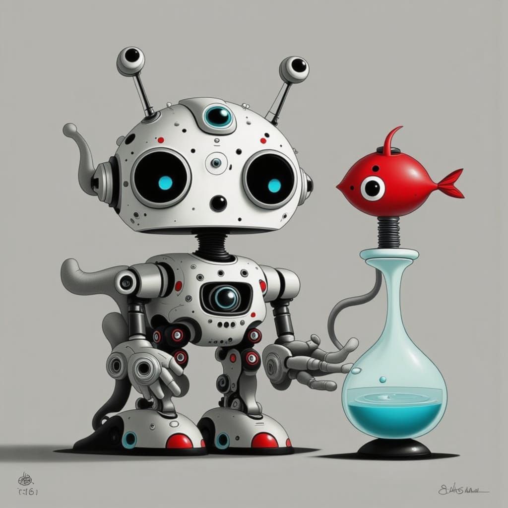 Cute Robot Holding Fishbowl in Toxic City