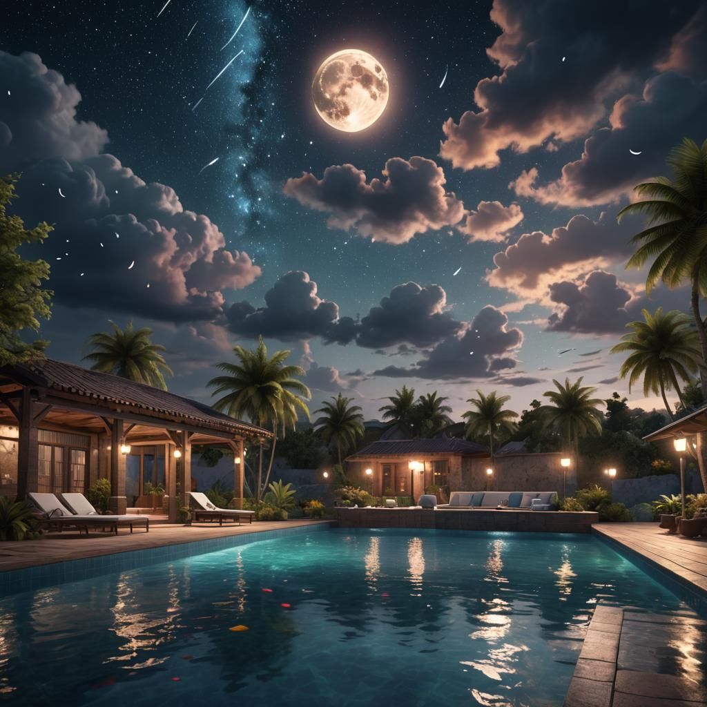 Watercolor Swimming Pool at Night with Shooting Stars