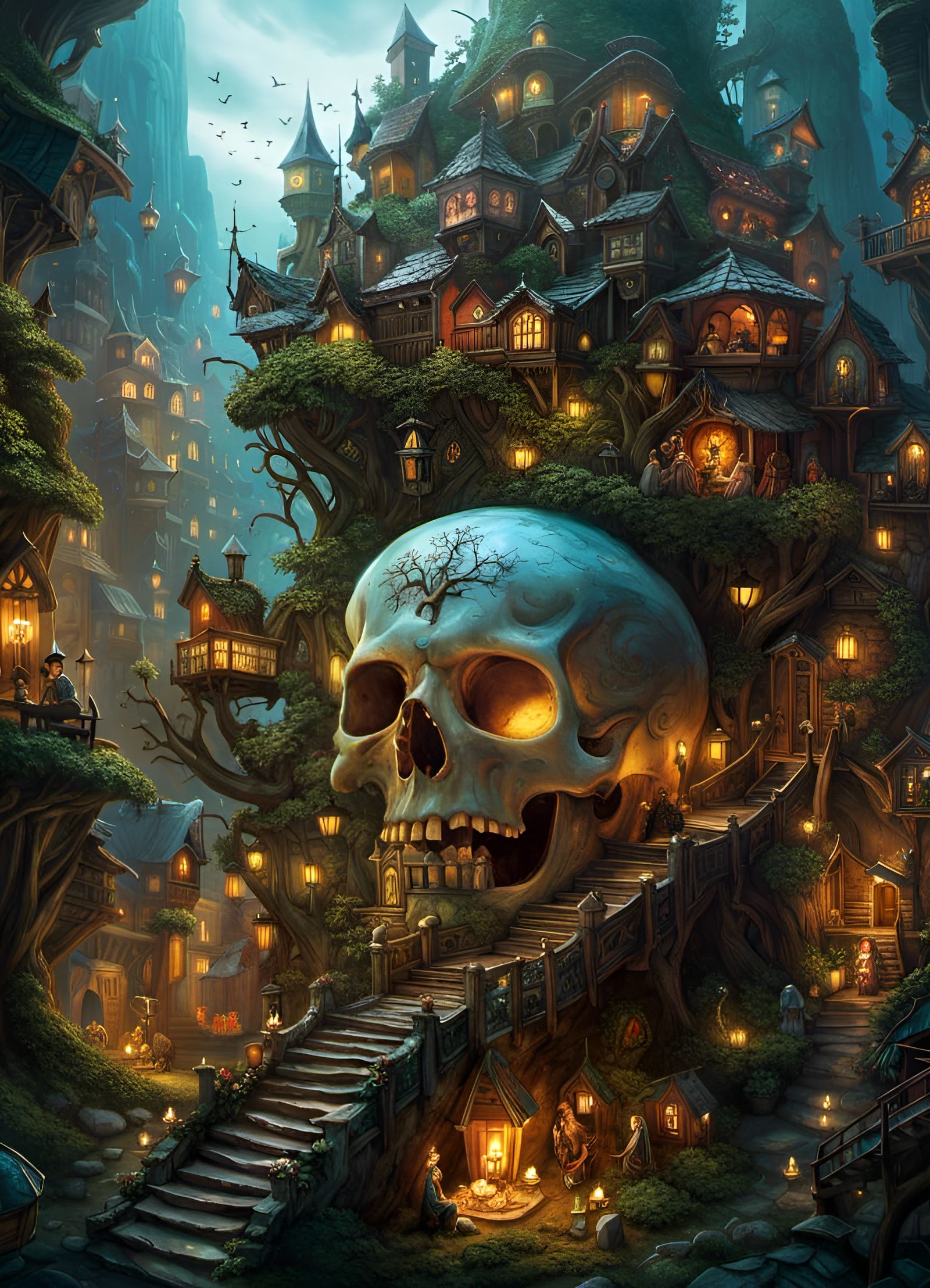Fairy Village Inside Glowing Skull: Fantasycore Art