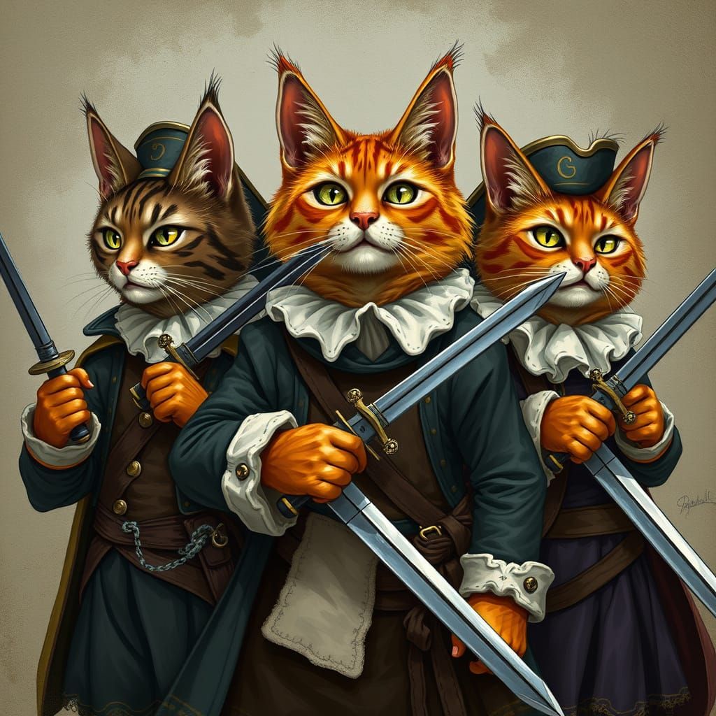 Feline Musketeers in Vibrant 17th-Century Attire