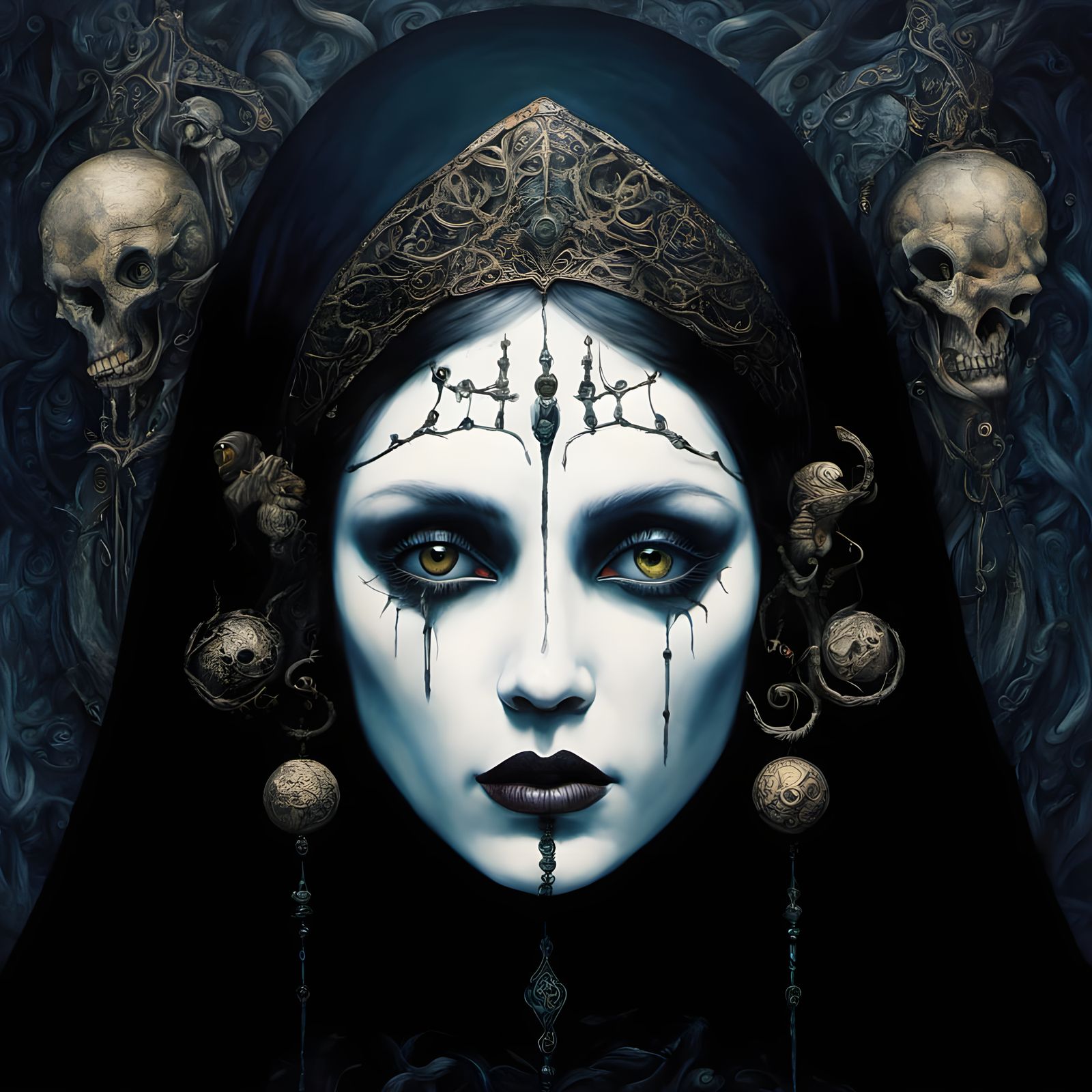 Mysterious Gothic Folk Art with Deep Color Contrasts