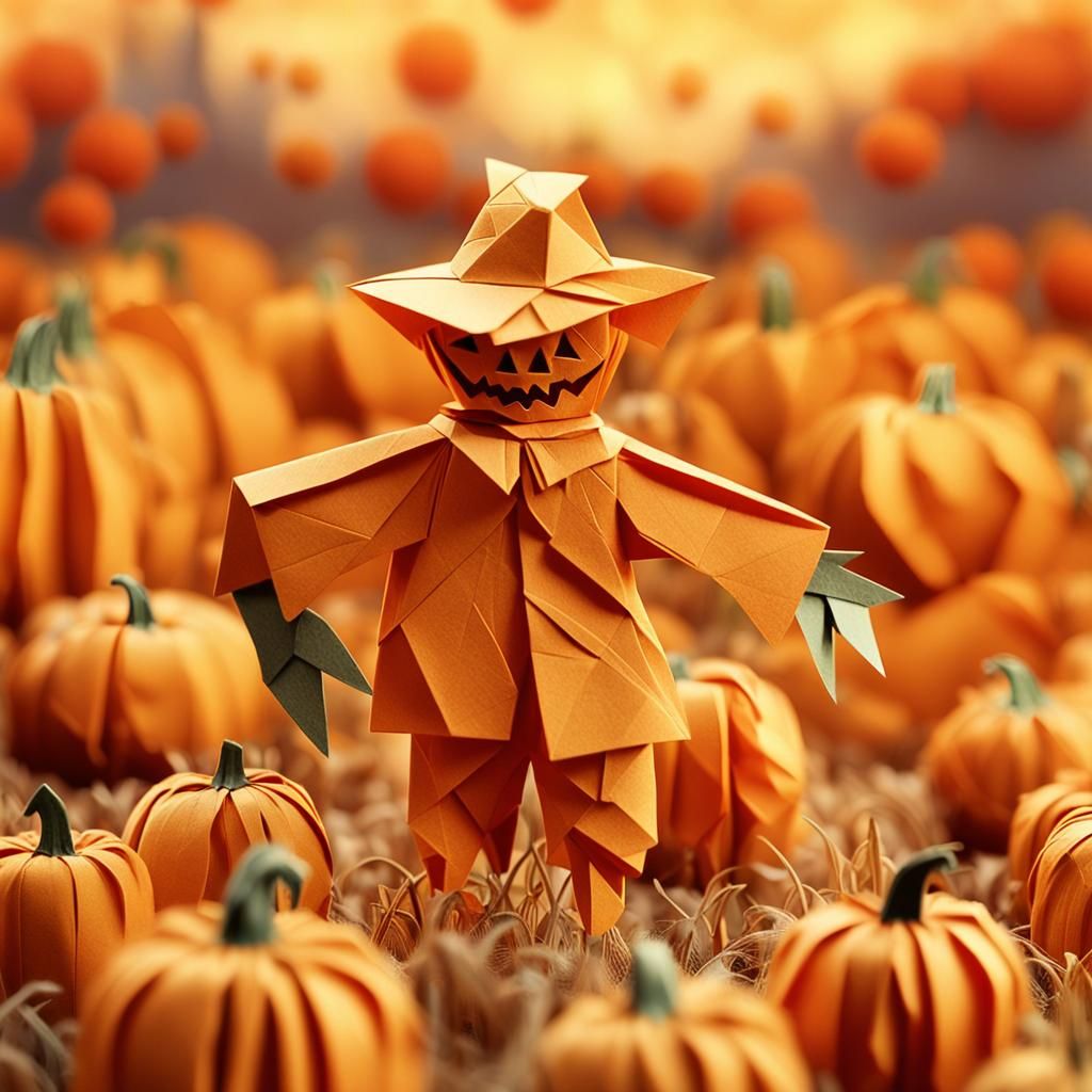 Origami Scarecrow in Pumpkin Patch: Paper Art
