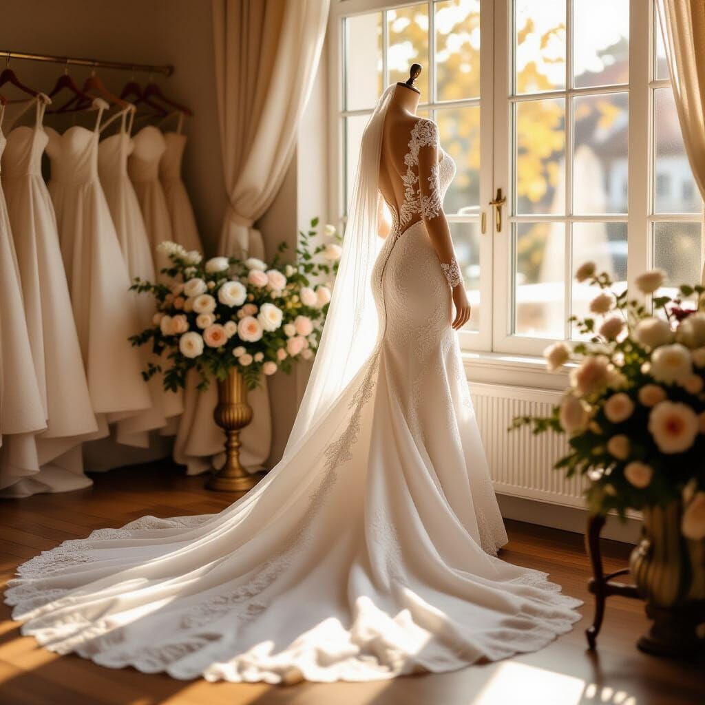 Intricate White Lace Wedding Dress in Golden Hour Light