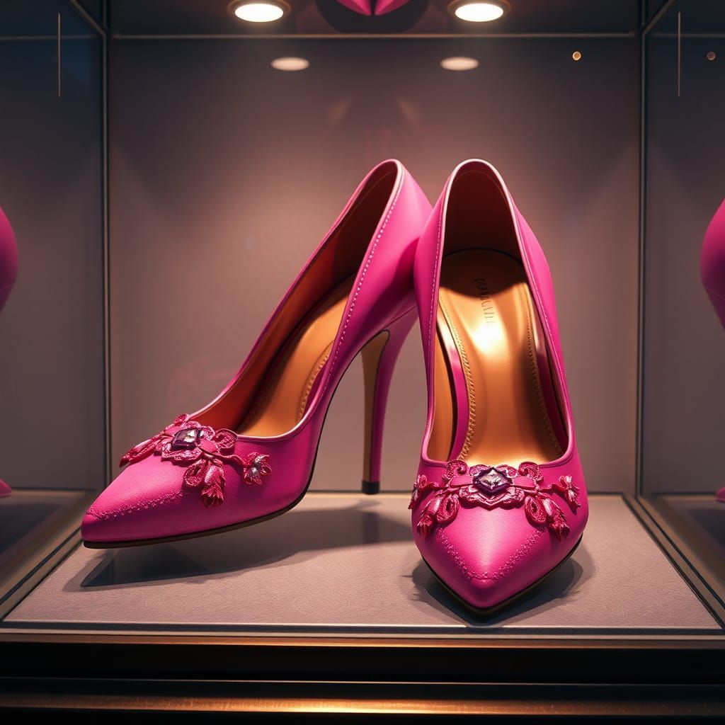 Pink Kitten Heels in Display Case, Matte Painting