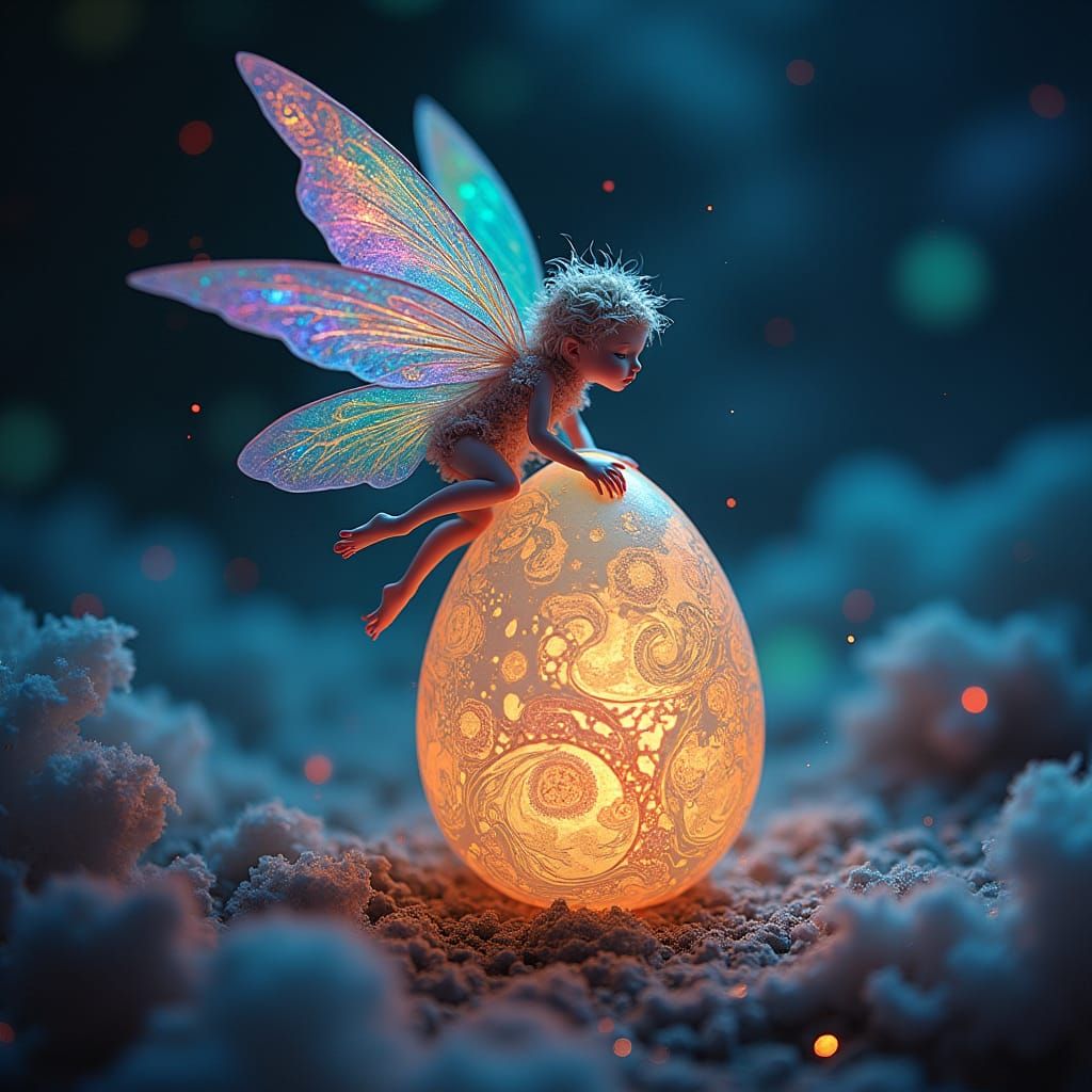 Fairy Emerges from Bioluminescent Egg in Psychedelic Art