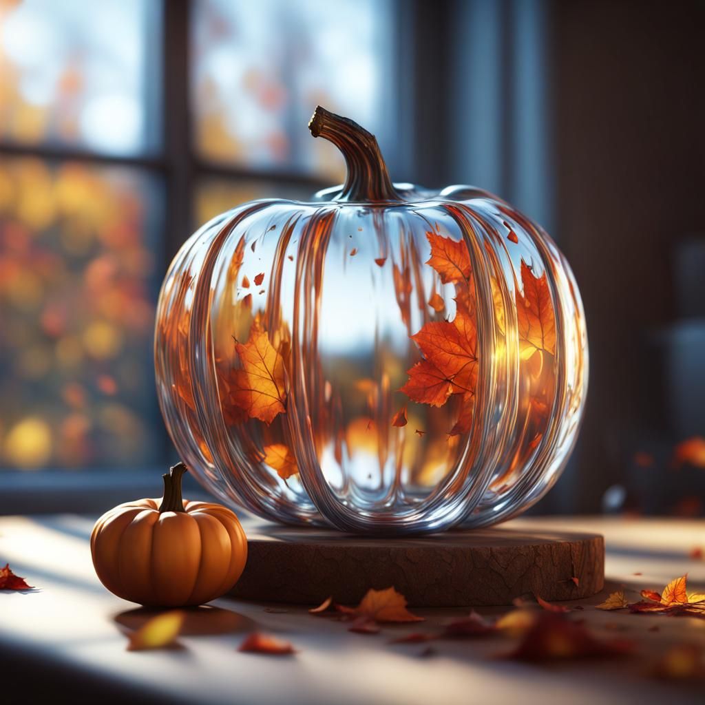 Autumn Scene Inside Glass Pumpkin: 3D Render