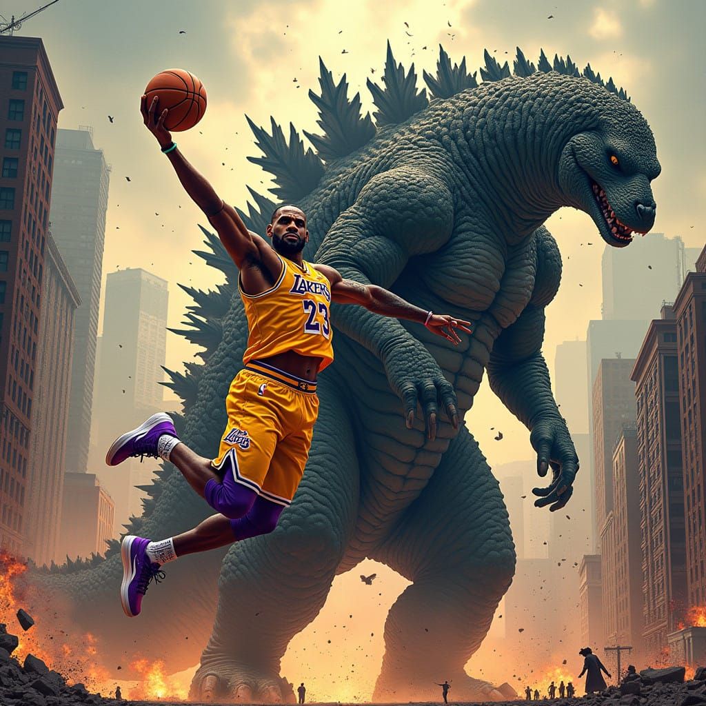 Lebron James Dunking on Godzilla in a Dynamic Comic Book Ill...