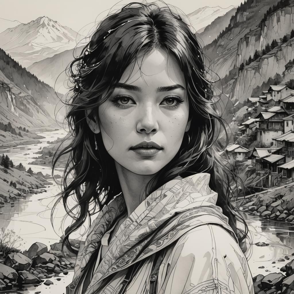 Beautiful Woman Portrait with River and Hills