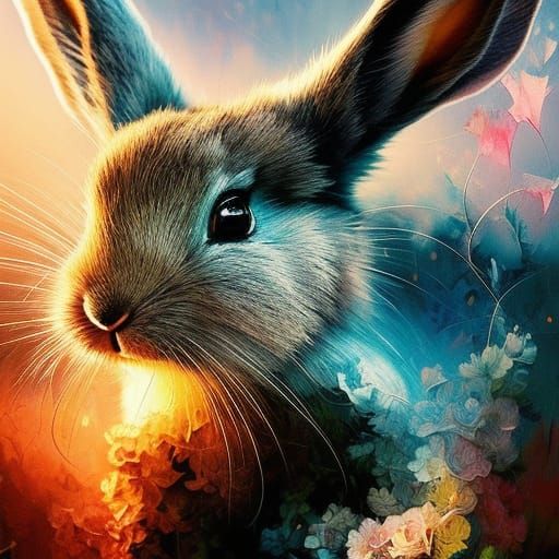 Monochromatic Rabbit Splash Art: Fluid Gouache Masterpiece