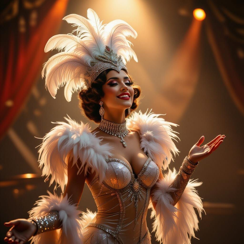 Glamorous Performer in Cabaret-Inspired Futuristic Fantasy