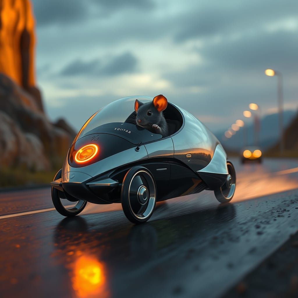 Mouse in Futuristic Egg-Shaped Vehicle Cruises at Dusk