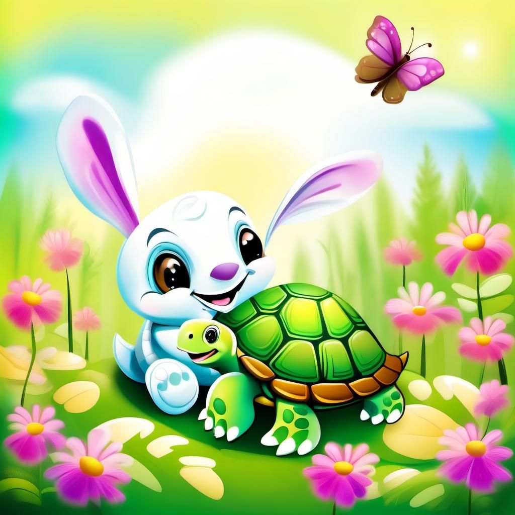Adorable Turtle and Rabbit in Sunny Meadow