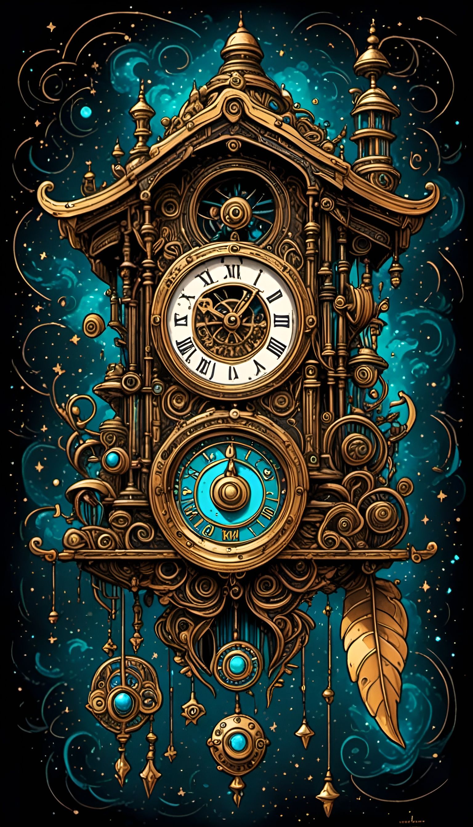 Steampunk Cuckoo Clock Linework Ornament in Gildpunk Style