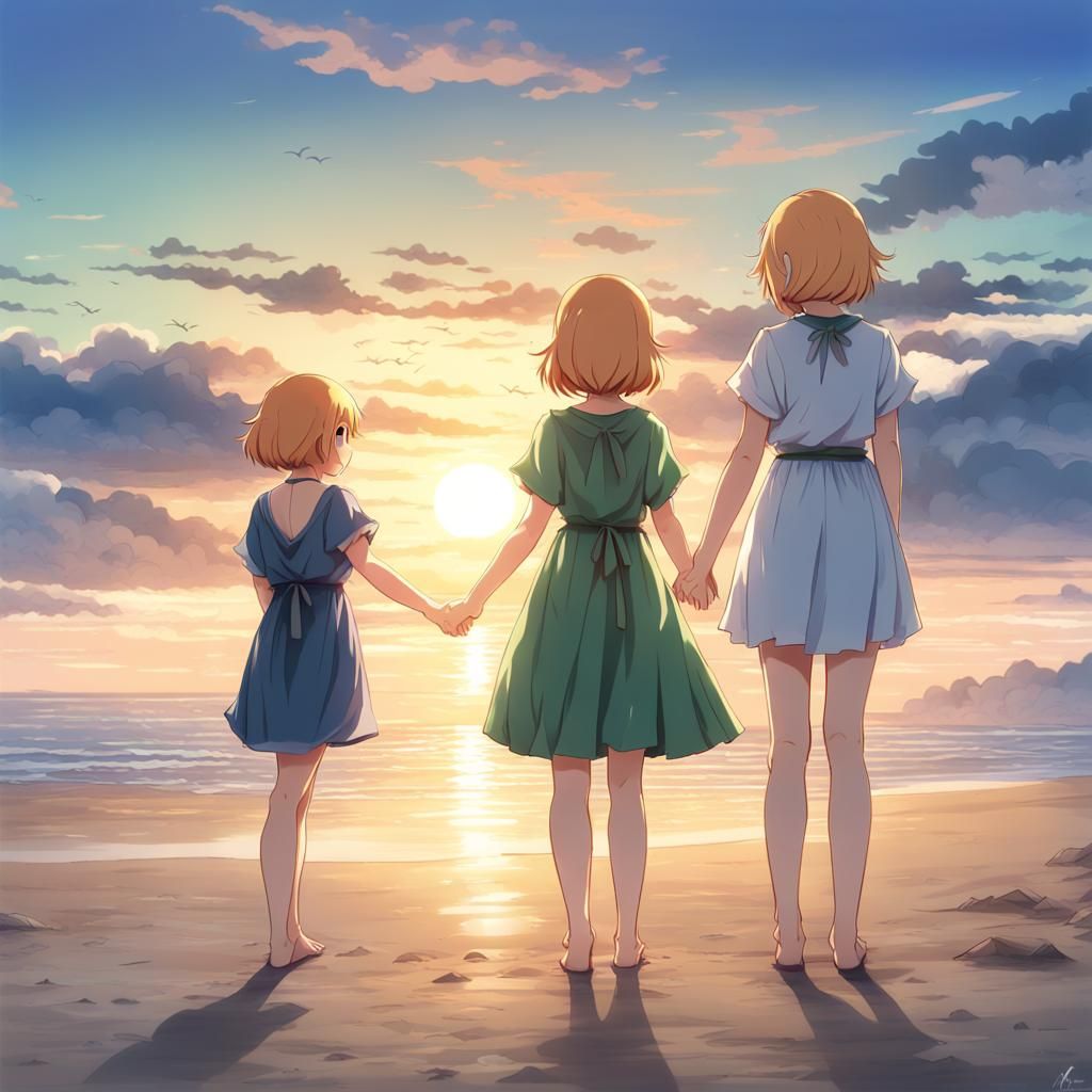 Two Girls Holding Hands at Sunset in Anime Style