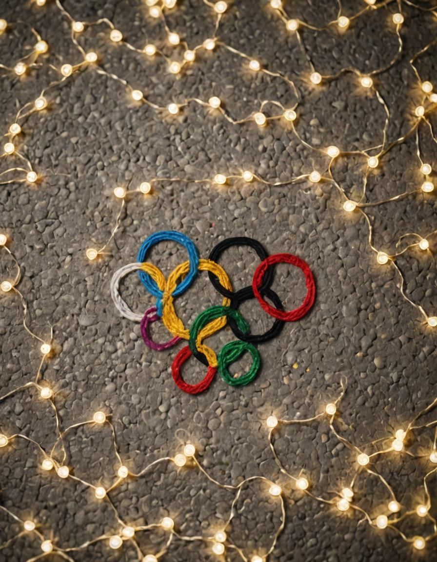 Olympic Sign in Colorful Yarn Handcraft at Night