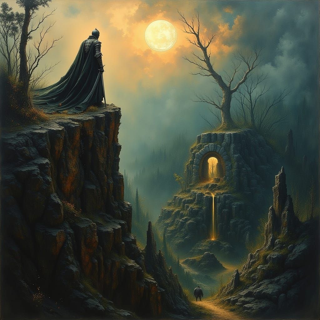 Stoic Knight on Cliff Overlooking Ancient Forest in Oil Pain...